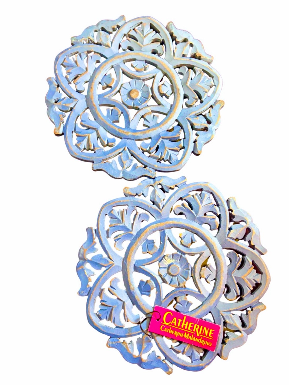 Catherine Malandrino Pair of 12” Carved Wooden Blue Medallion Wall Hanging Decor